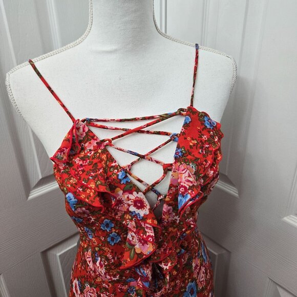 Wayf Maxi Dress Women Small Red Ditzy floral Lace up Slit Back Zip Party Wedding - Picture 10 of 16